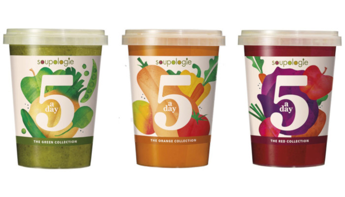 Soupologie 5 a day soups collection, including the green soup, orange soup and red soup