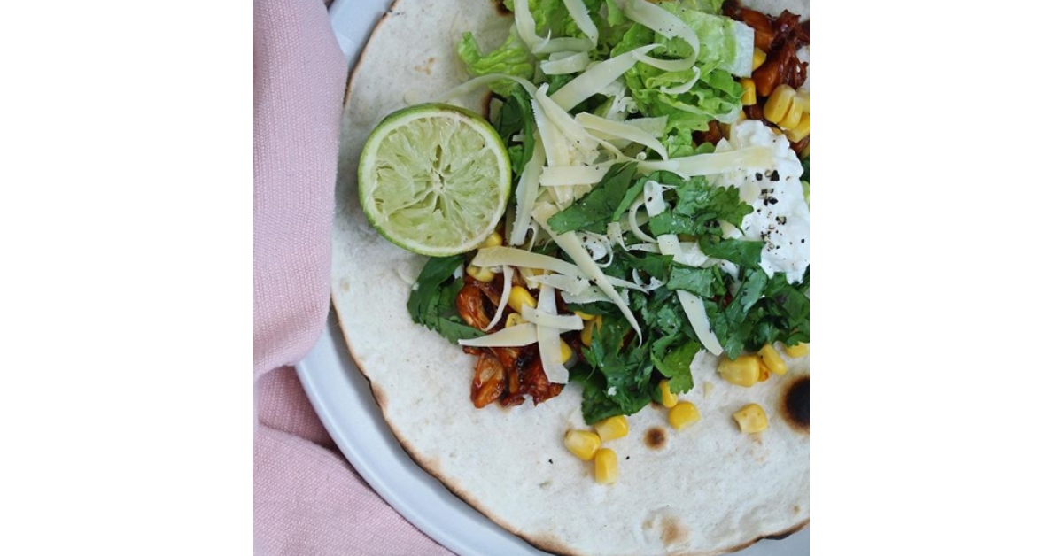 BBQ Jackfruit tortillas with lime, parsley, sweetcorn and grated vegan cheese by Soupologie