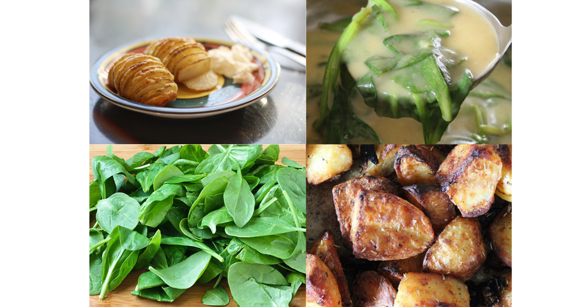 Potato and spinach soup, roasted potatoes, fresh spinach and sliced potatoes