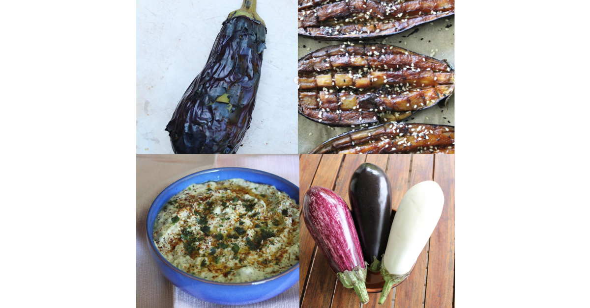 A selection of raw and cooked aubergines